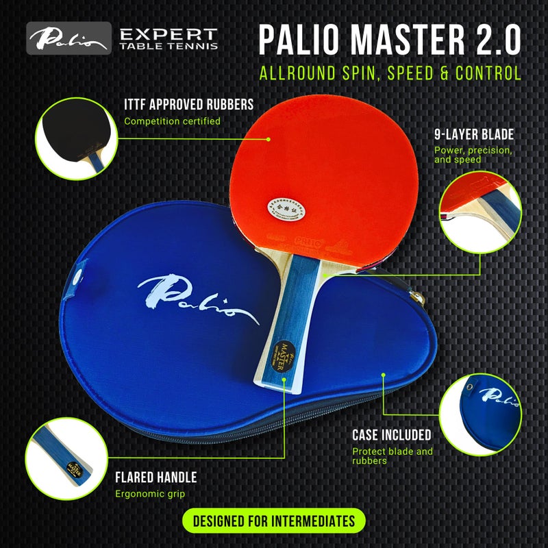 Expert Table Tennis Palio Master 2.0 Table Tennis Racket & Case | ITTF-Approved Intermediate Ping Pong Paddle | Allround Spin, Speed and Control - Image 2